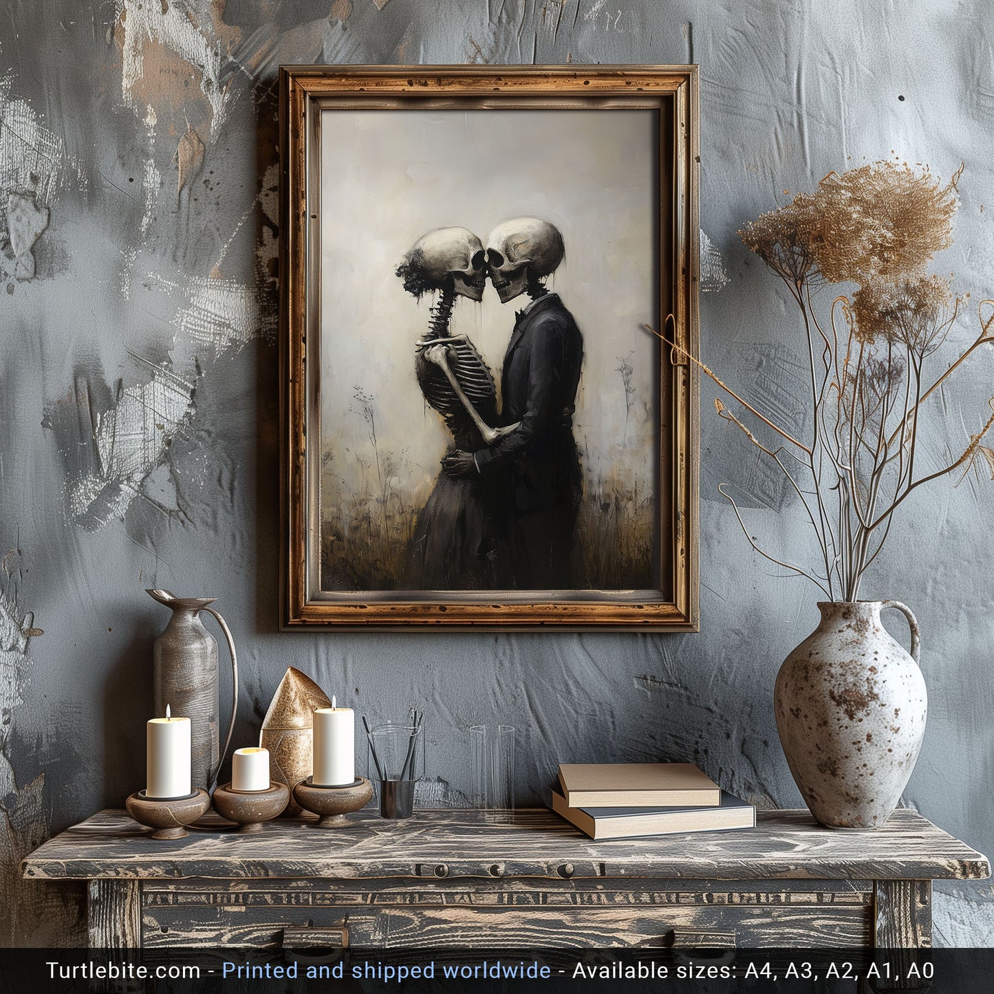 Skeleton Love Story - Gothic Skeletal Romance Painting - Dark Art Vintage Poster - Macabre Fine Art Print