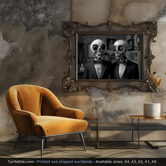 Skull Companions Dinner Date Poster - Dark Art Print - Haunting Home Decor