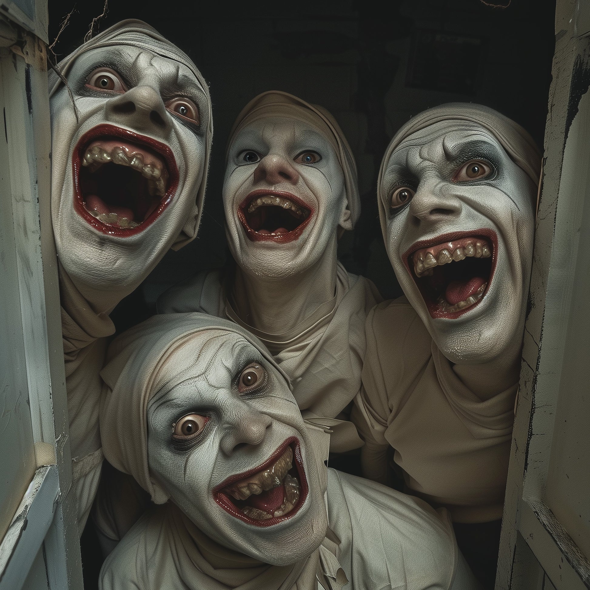 Four grotesquely smiling figures in white theatrical makeup and costumes peer into a camera from a narrow opening, with exaggerated facial expressions and decaying teeth, evoking horror and surreal discomfort.