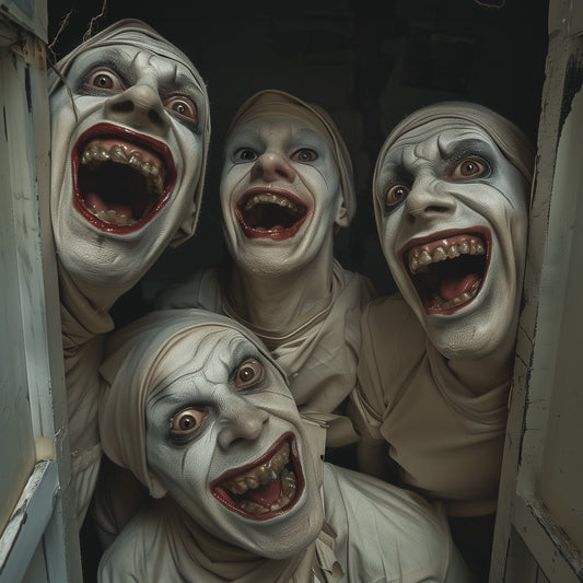 Four grotesquely smiling figures in white theatrical makeup and costumes peer into a camera from a narrow opening, with exaggerated facial expressions and decaying teeth, evoking horror and surreal discomfort.