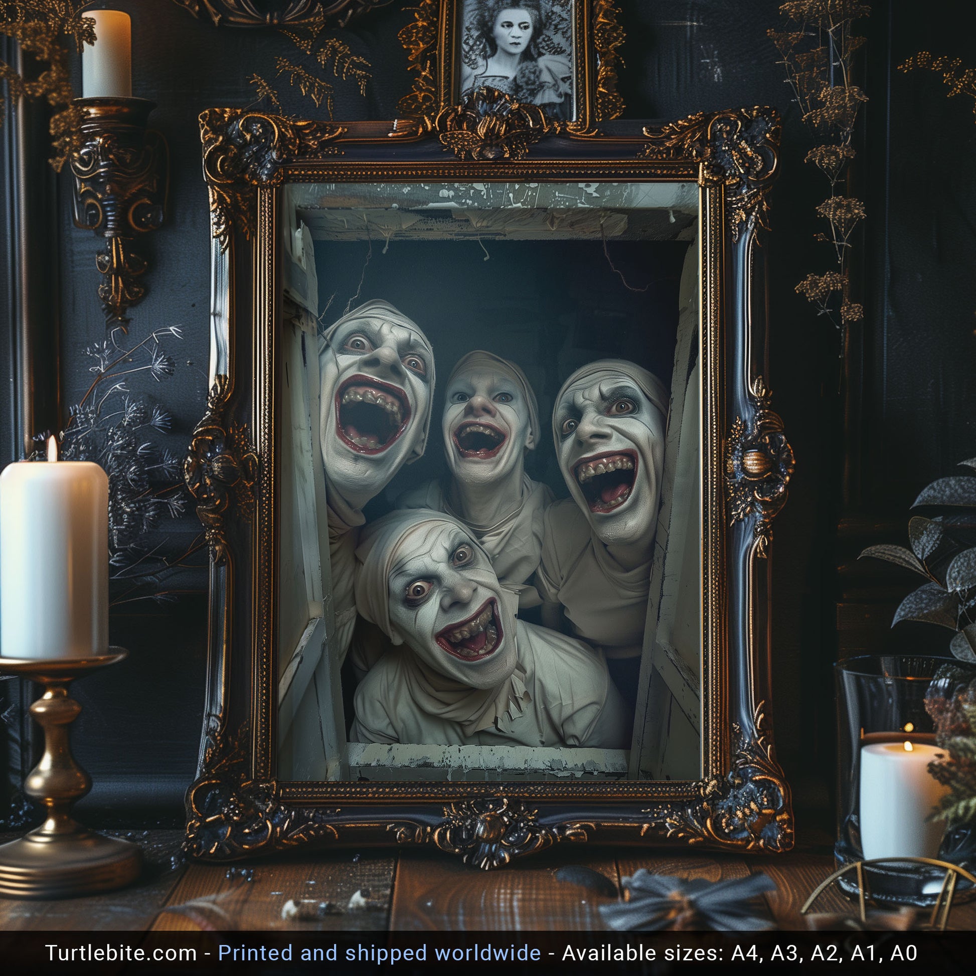 Four grotesquely smiling figures in white theatrical makeup and costumes peer into a camera from a narrow opening, with exaggerated facial expressions and decaying teeth, evoking horror and surreal discomfort.