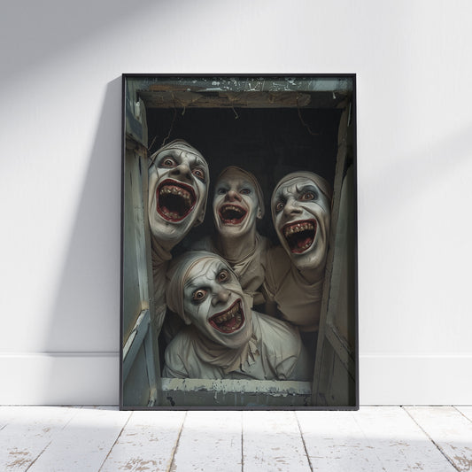Four grotesquely smiling figures in white theatrical makeup and costumes peer into a camera from a narrow opening, with exaggerated facial expressions and decaying teeth, evoking horror and surreal discomfort.