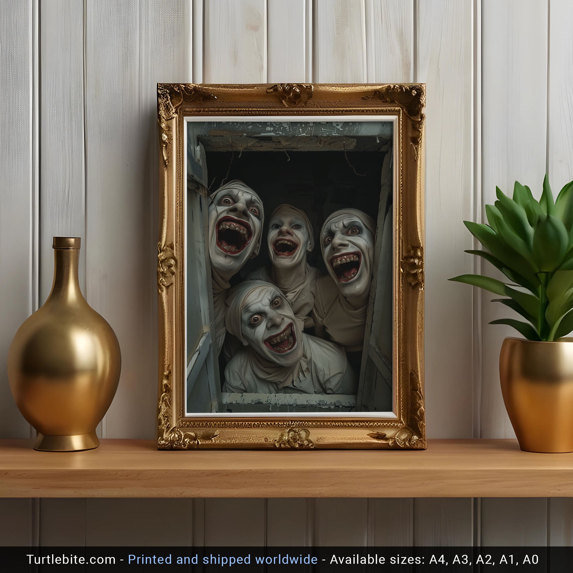 Four grotesquely smiling figures in white theatrical makeup and costumes peer into a camera from a narrow opening, with exaggerated facial expressions and decaying teeth, evoking horror and surreal discomfort.
