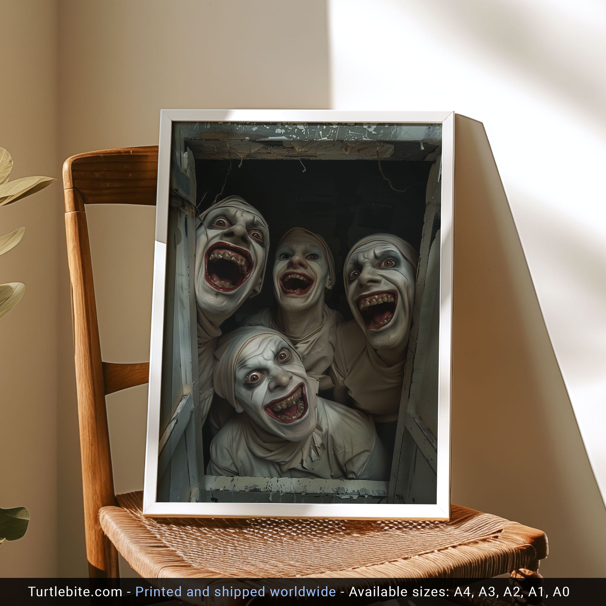 Four grotesquely smiling figures in white theatrical makeup and costumes peer into a camera from a narrow opening, with exaggerated facial expressions and decaying teeth, evoking horror and surreal discomfort.
