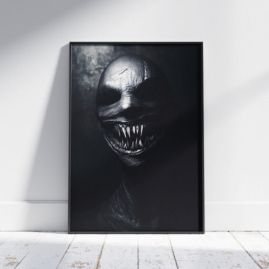 Uncanny Portrait Baring Teeth Grimace Print | Black and White Poster