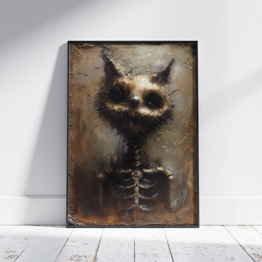 Unique Gritty Skeletal Cat Art Print - Creepy Cat Lover Gift - Spooky Cat Oil Painting