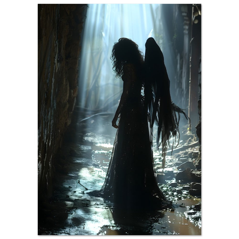 A gothic fallen angel with tattered wings stands in a shadowy, muddy forest alley lit by beams of ethereal light, evoking mystery, loss, and dark beauty.
