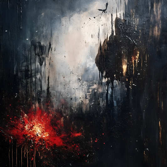 Abstract apocalyptic painting with crumbling Gothic cathedral, explosive red flames, and dark moody atmosphere for alternative home decor