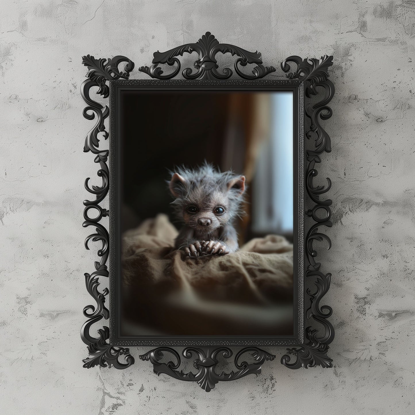 Baby Werewolf Just Woke Up Poster, Creepy Cute Gothic Wall Art