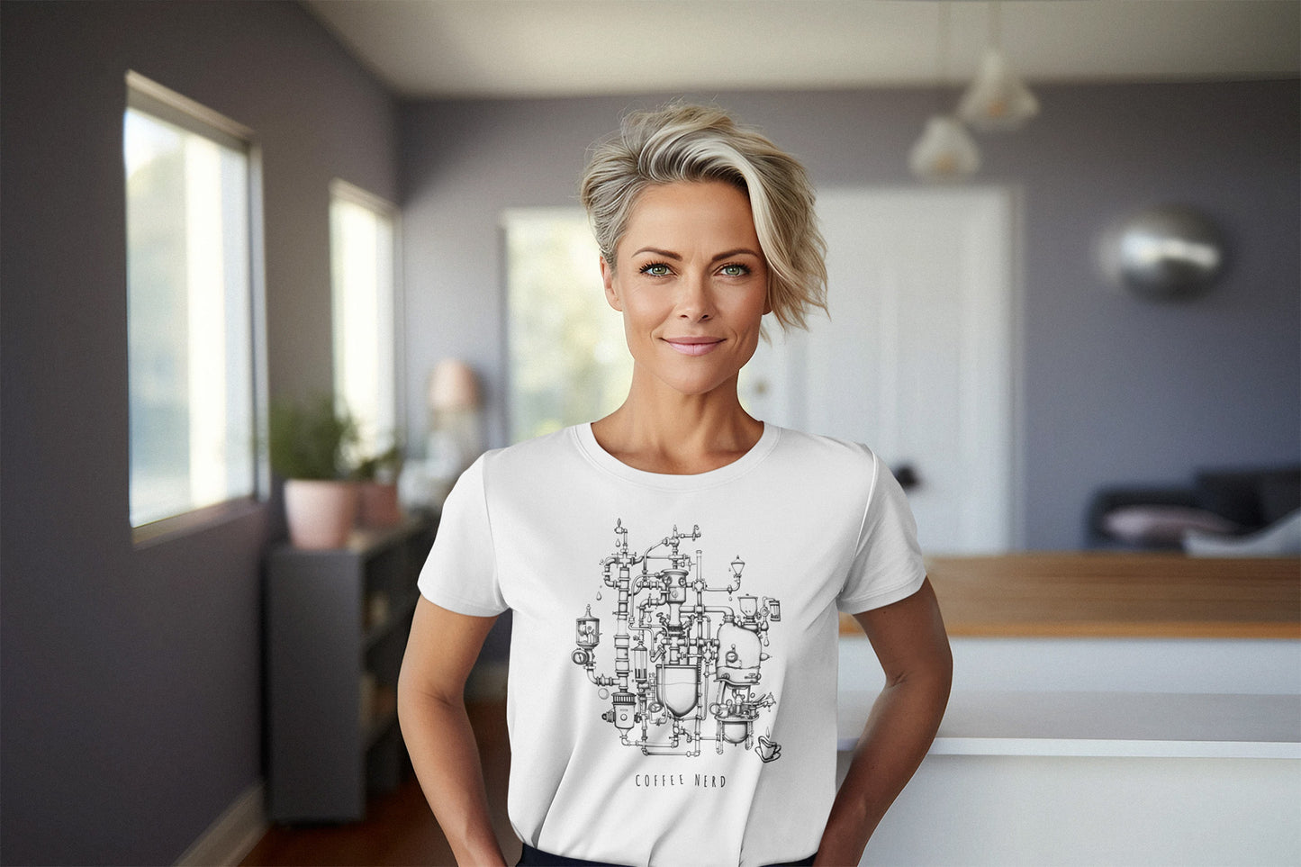 Funny Steampunk Barista T-Shirt for Coffee Nerd, White