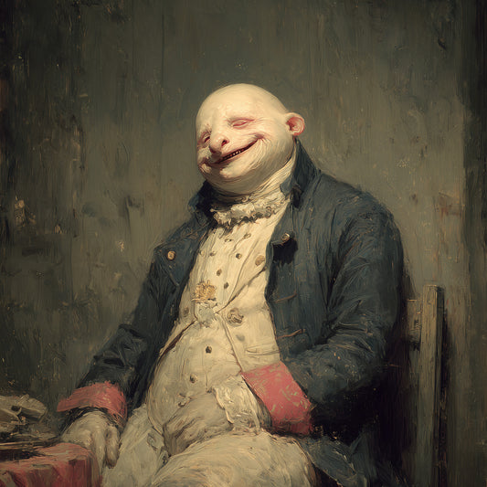 Disturbing classical portrait print featuring bizarre flesh-melting aristocrat in vintage attire