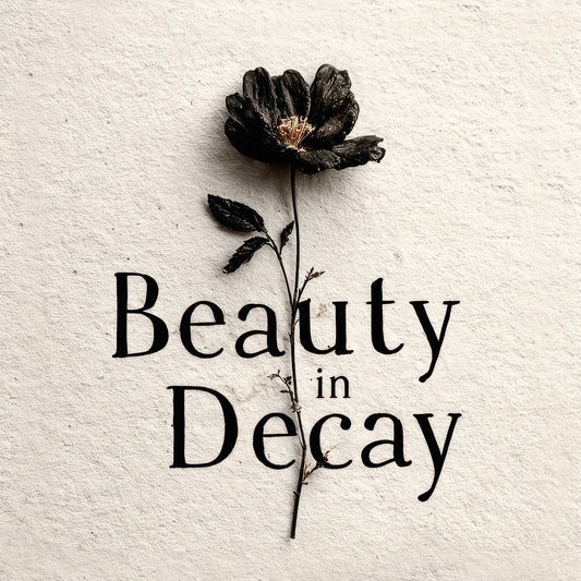 Memento mori gothic art print featuring blackened dried flower with Beauty in Decay typography on textured background