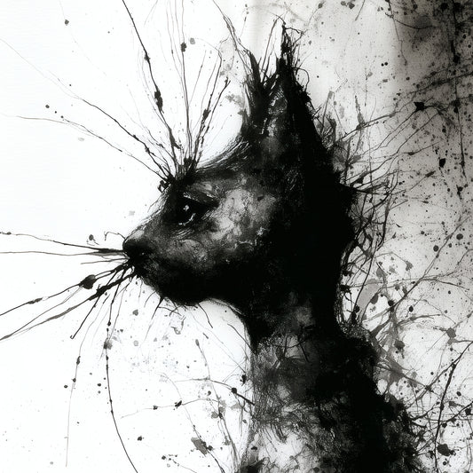 Abstract black cat artwork with dramatic ink splashes and textured details