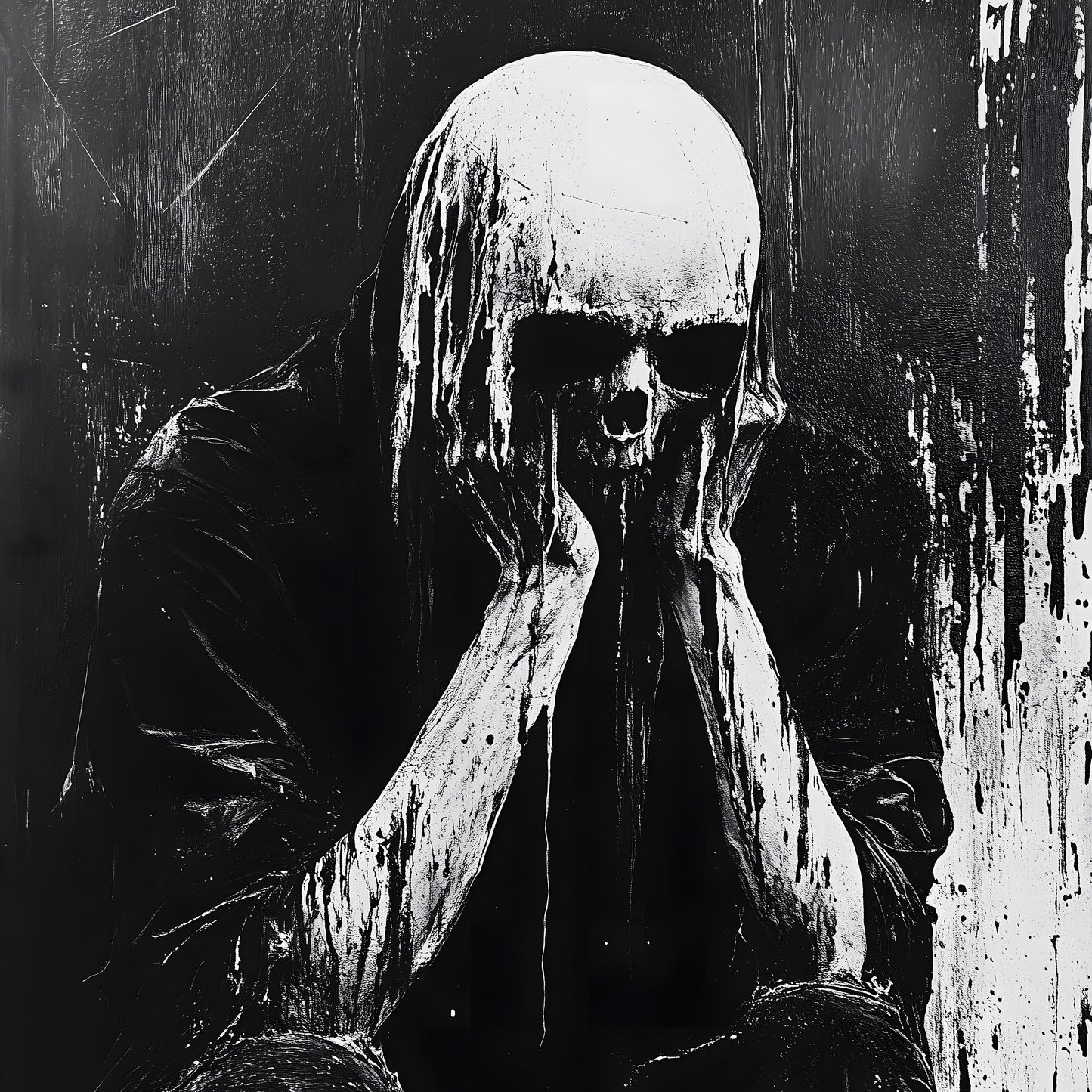 Analog Horror Skull Creature Poster - Black and White Dark Wall Art Painting