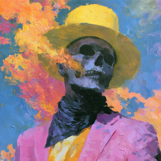 Colorful skull art print – dapper skeleton in pink blazer and yellow hat with floral impressionist background