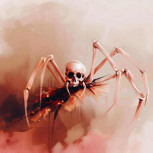 Coral Skeletal Spider Painting - Warm Color Wall Art for Creepy Beauty