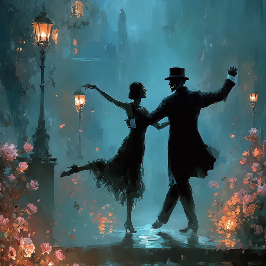 Gothic Victorian couple dancing in moonlit garden with roses and vintage lanterns, dark romantic wall art