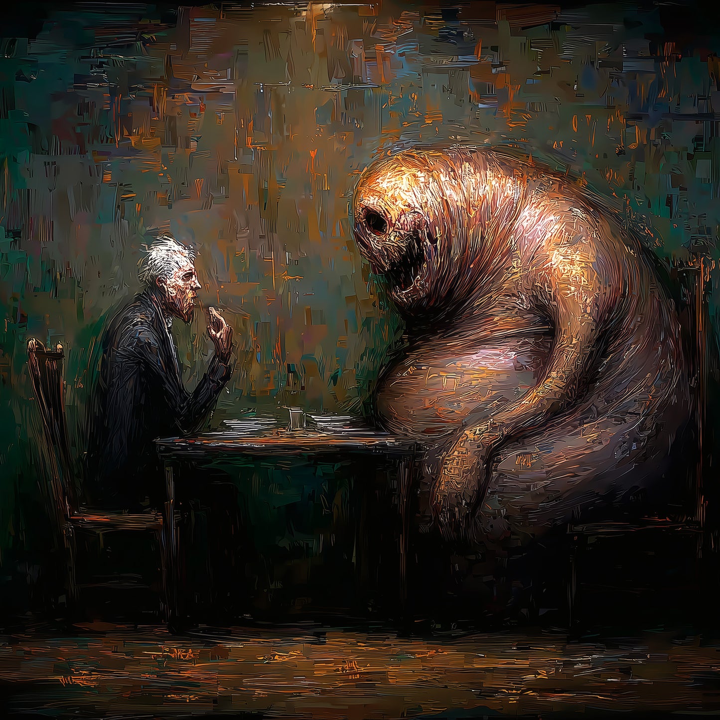 Gothic creature artwork showing mysterious dinner encounter with horror fantasy aesthetic