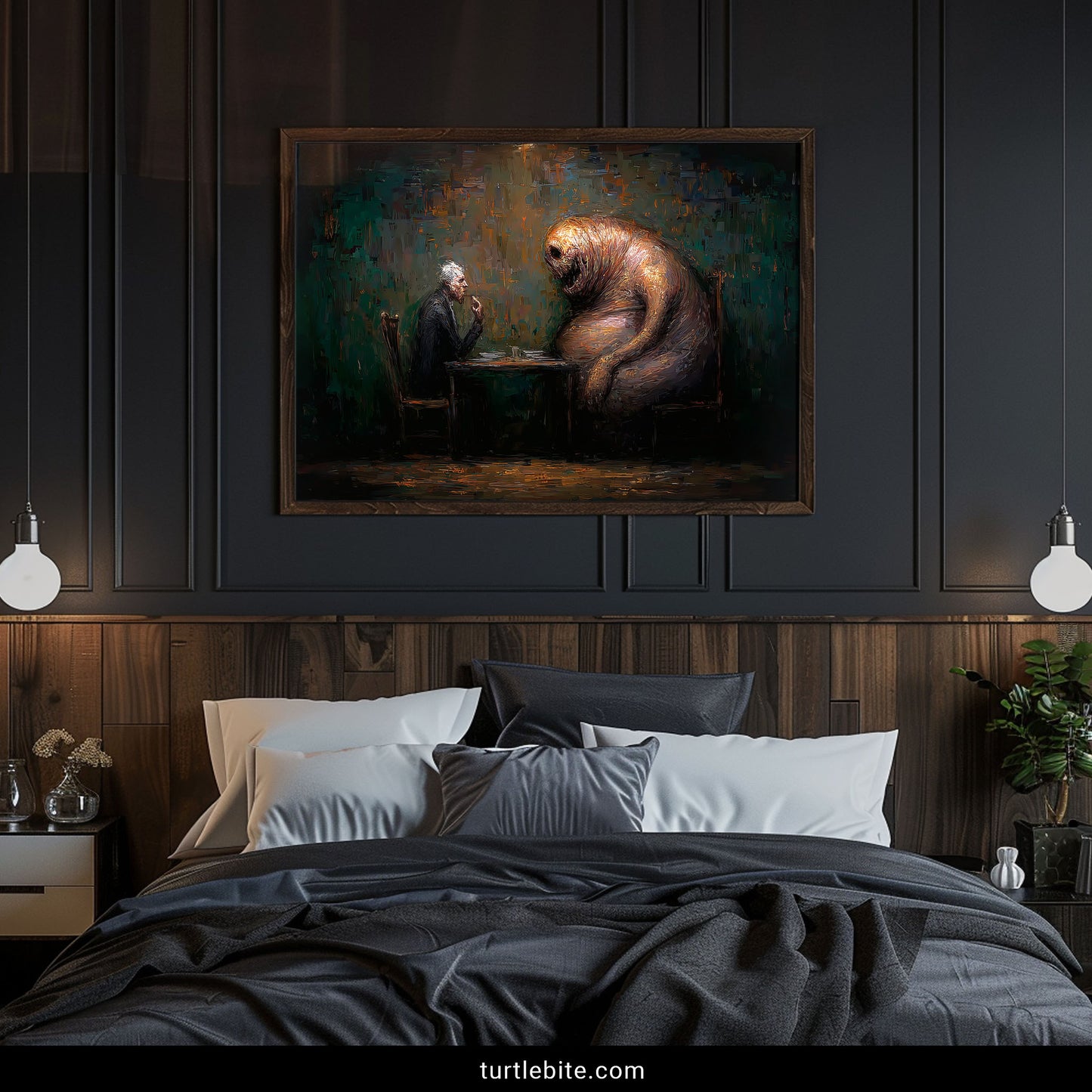 Horror fantasy print showing atmospheric dinner scene with creepy creature and suited figure