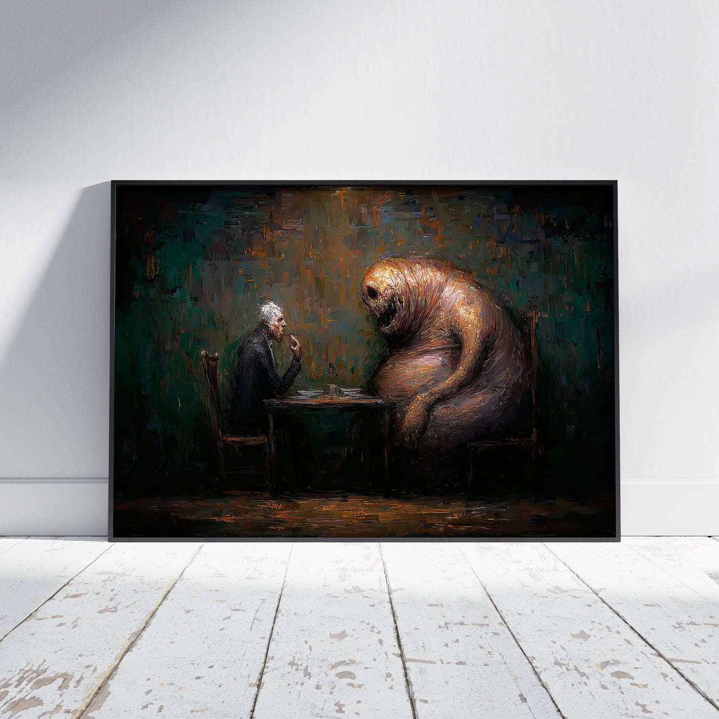 Dark art painting print featuring surreal dinner scene between man and monster in gothic style