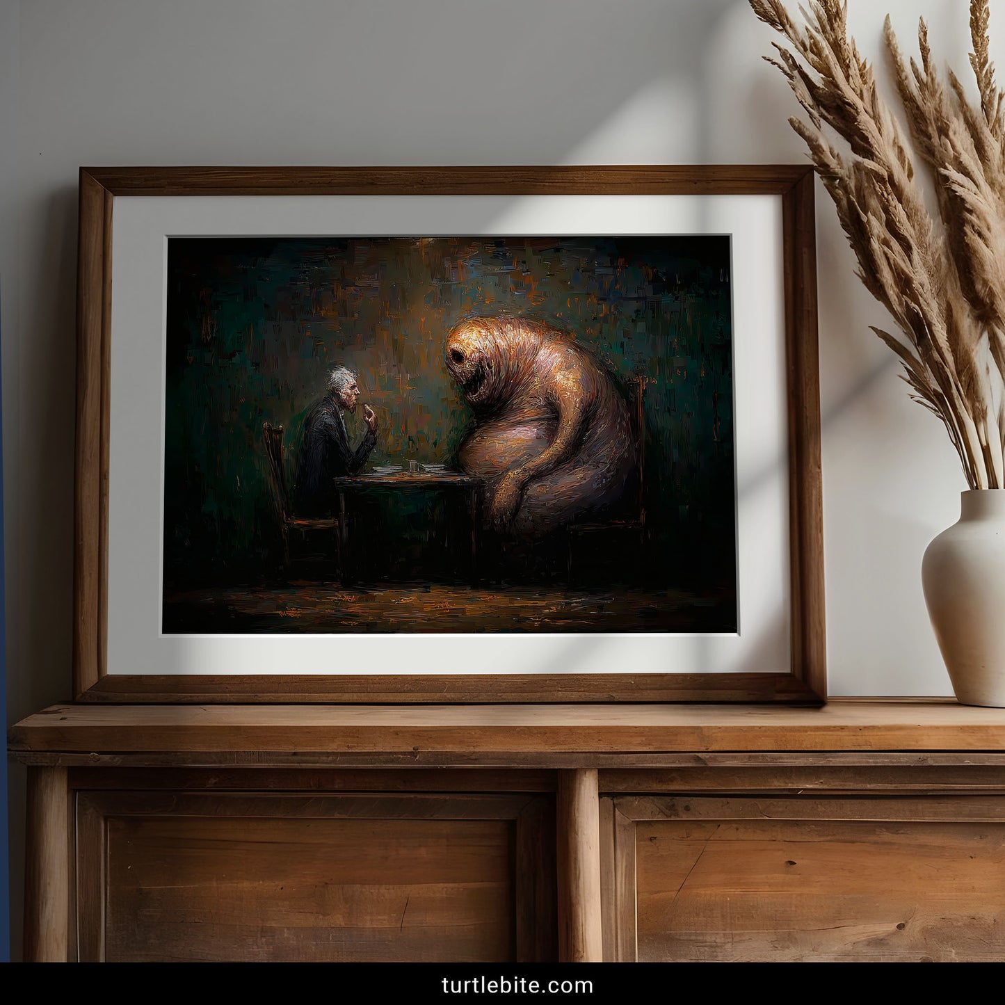 Macabre wall art depicting textured painting of human dining with otherworldly beast