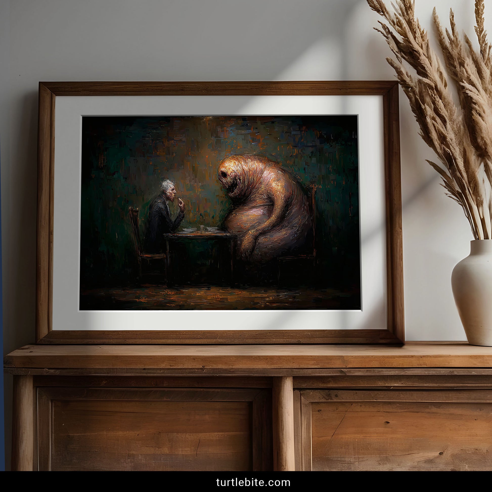 Macabre wall art depicting textured painting of human dining with otherworldly beast