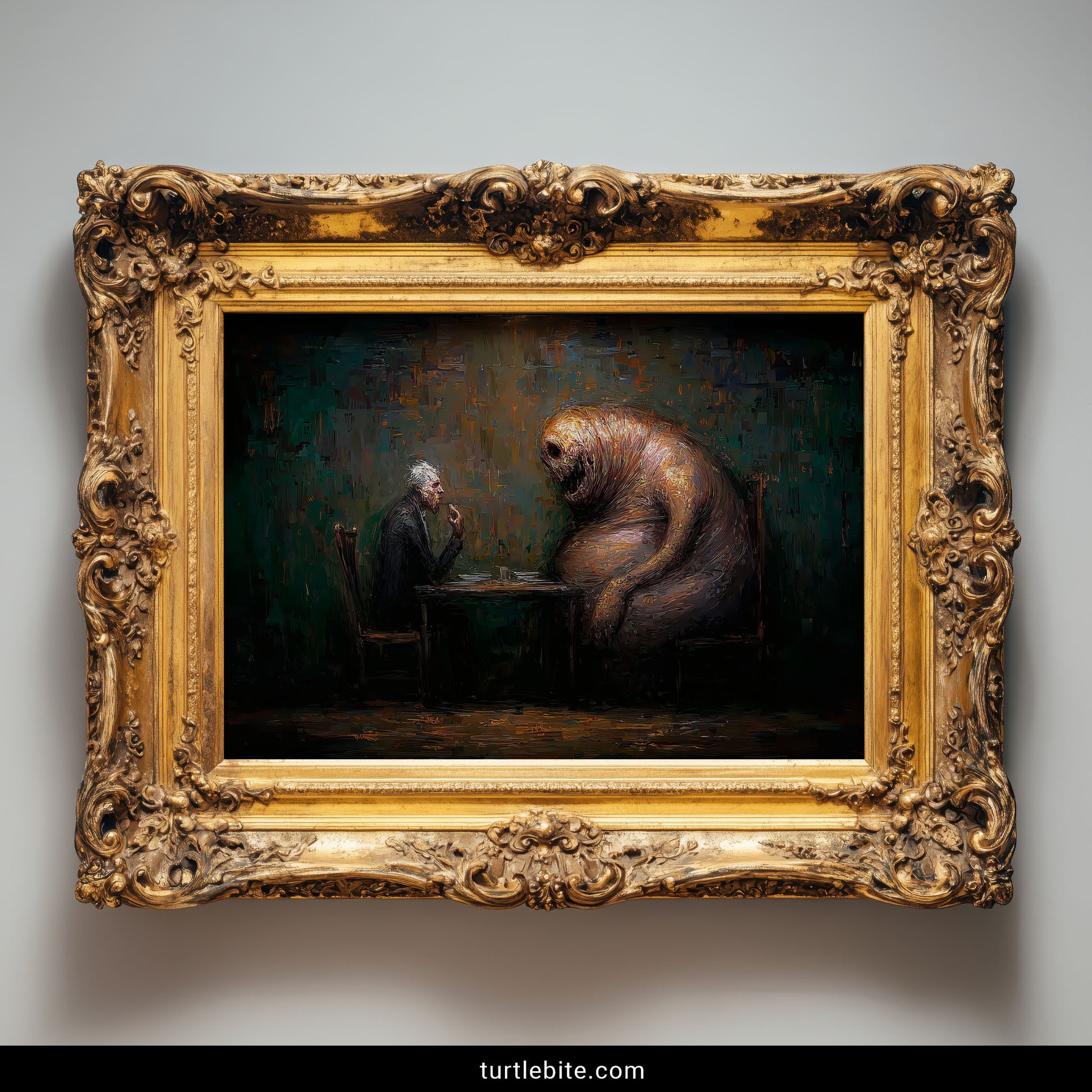 Surreal monster poster with moody teal and orange colors perfect for dark decor