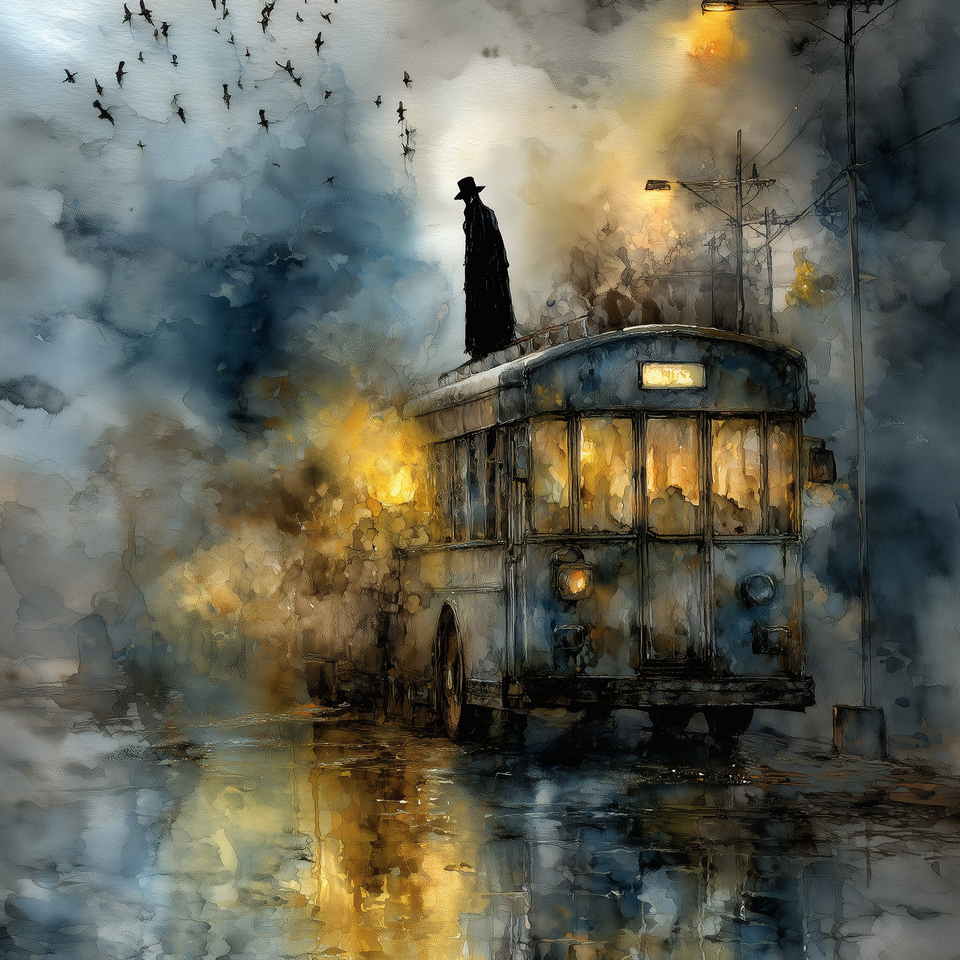 Gothic wall art poster showing haunting streetcar scene with smoke and golden streetlights reflected in wet pavement