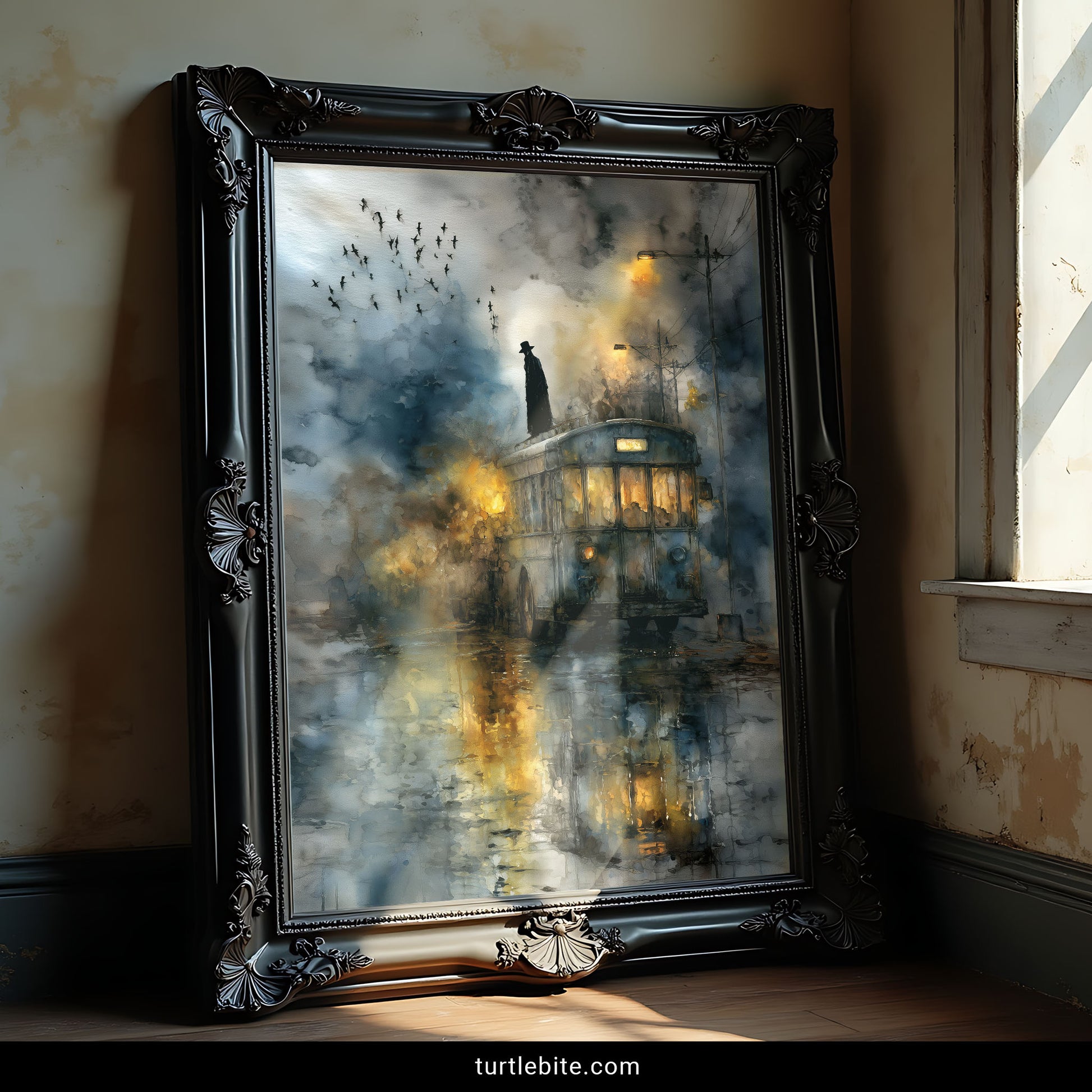 Moody noir print of abandoned bus with silhouette figure and flock of birds in apocalyptic urban landscape