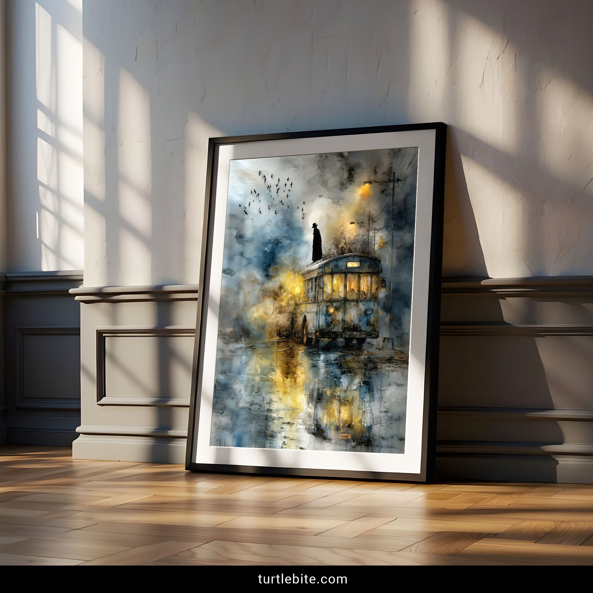 Atmospheric dark academia wall decor depicting vintage transportation with dramatic lighting and melancholic mood