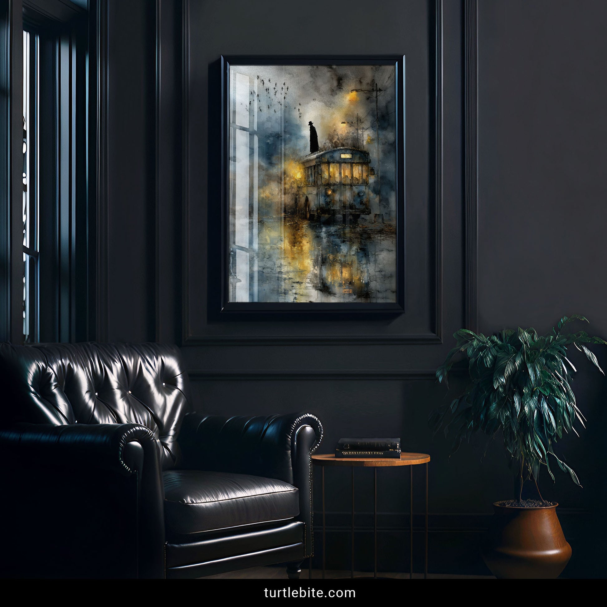 Surreal gothic art print showing lone traveler on misty bus surrounded by crows and ethereal smoke