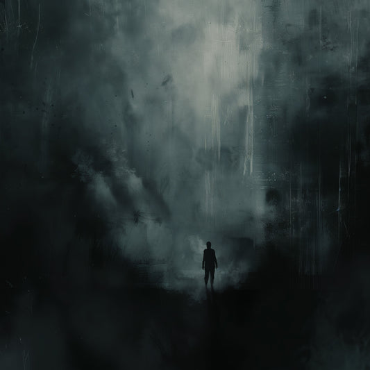 Dark art print of a lone silhouette standing in swirling mist and deep shadow, moody atmospheric wall art