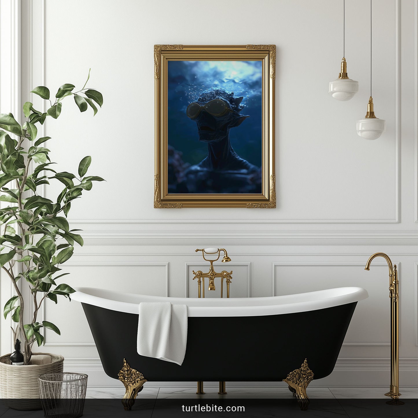 Cinematic dark art print of figure beneath water surface in moody blue tones
