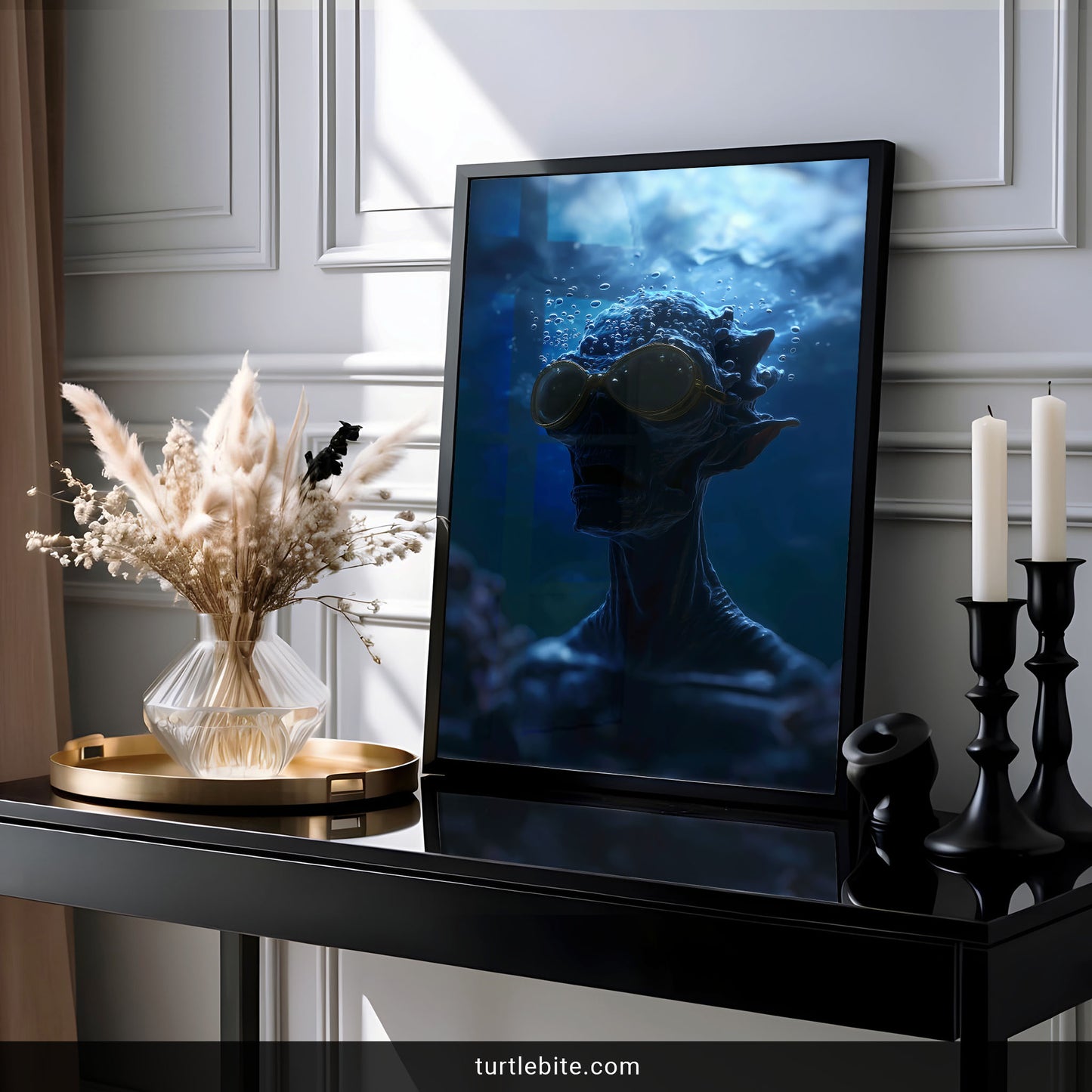 Gothic moody poster of person submerged in dark blue water with dramatic lighting