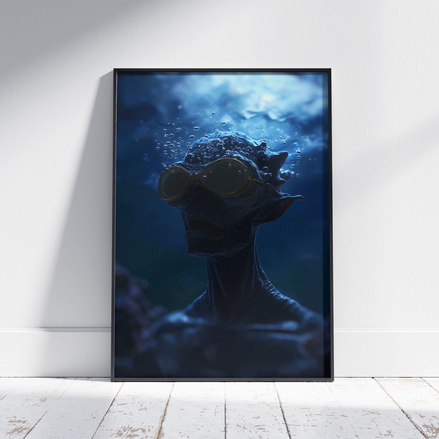 Dark art print featuring silhouette underwater with moody blue lighting and bubbles