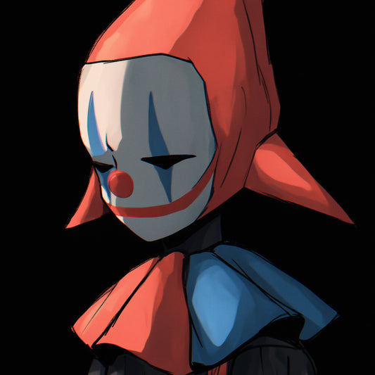 Creepy clown artwork with dramatic mask and contrasting red and blue color scheme