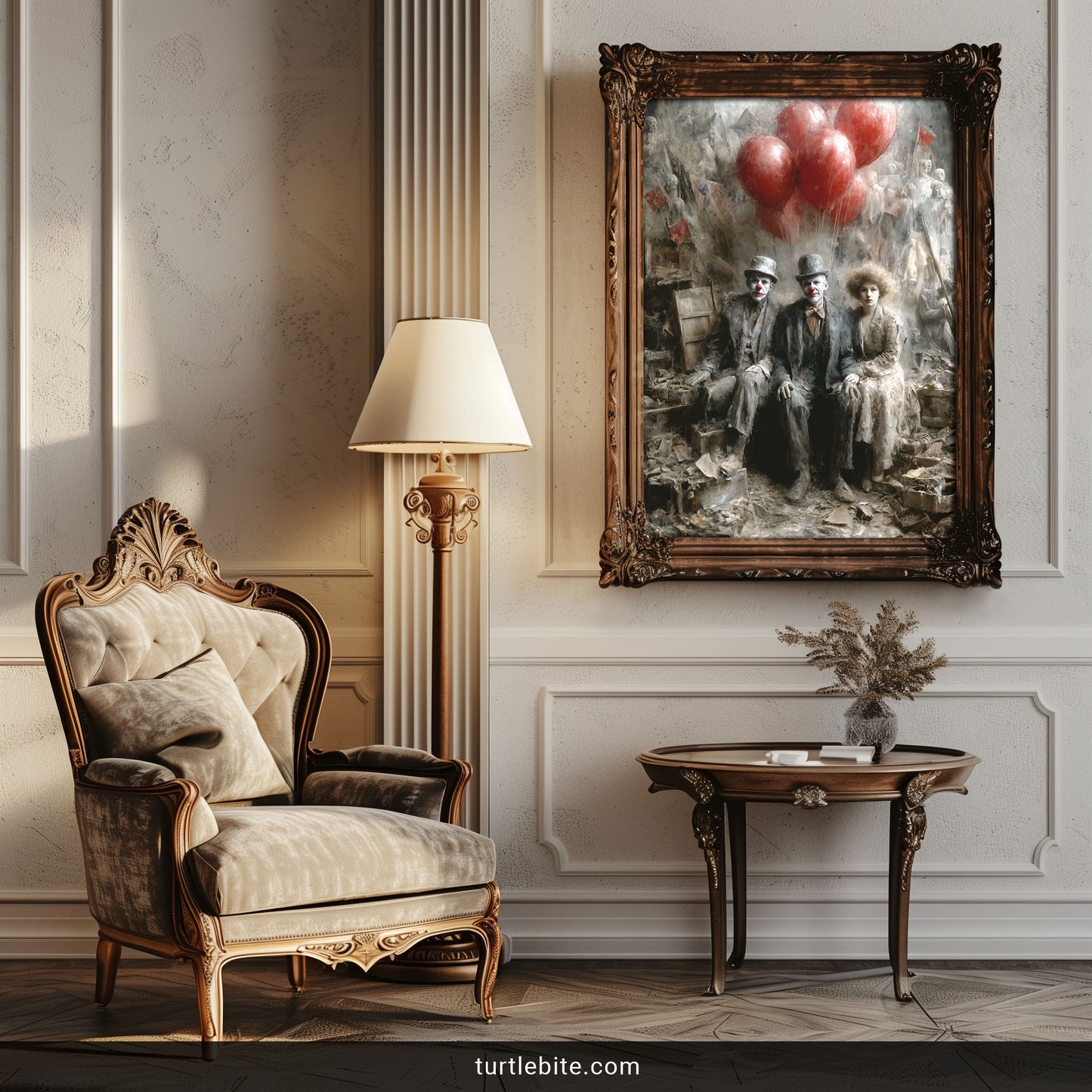 Gothic dark art poster showing eerie carnival characters with balloons in apocalyptic atmosphere