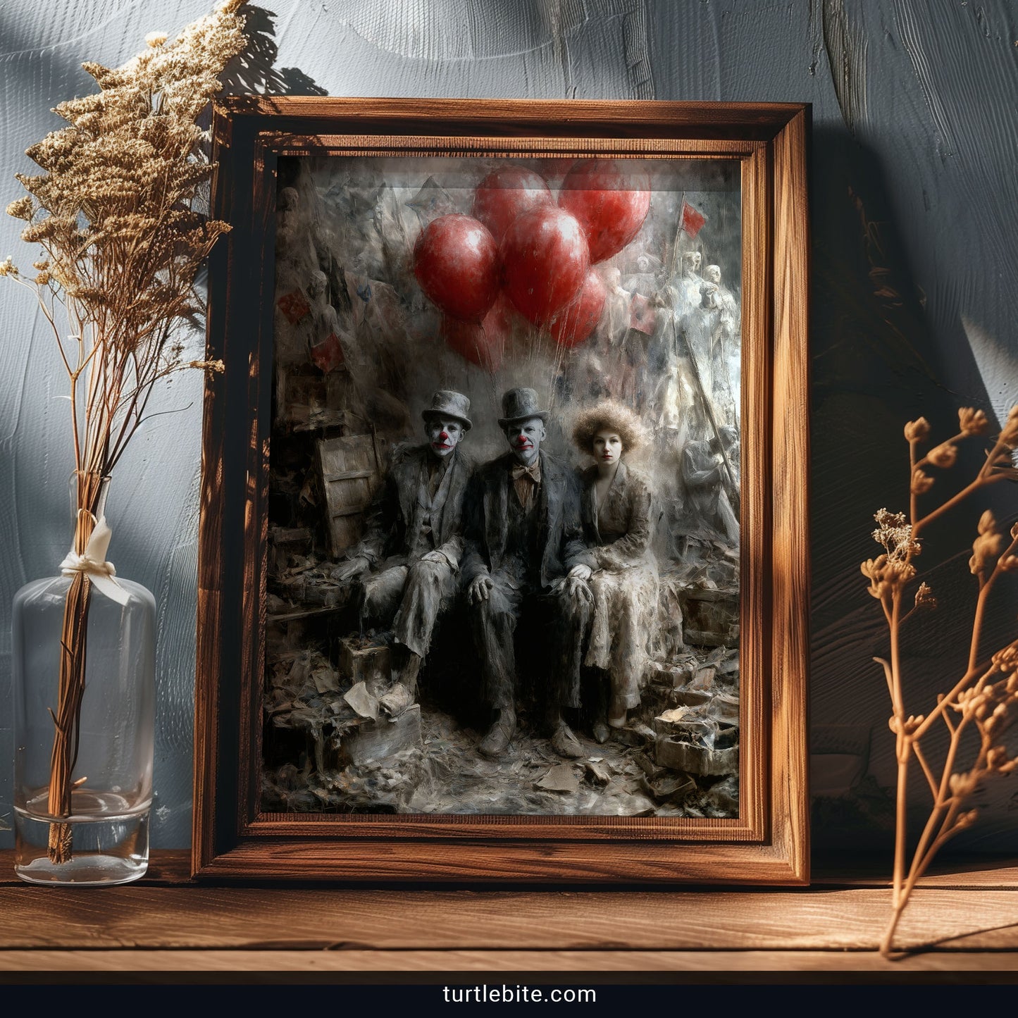 Macabre circus art print featuring ghostly performers with crimson balloons in surreal dark setting