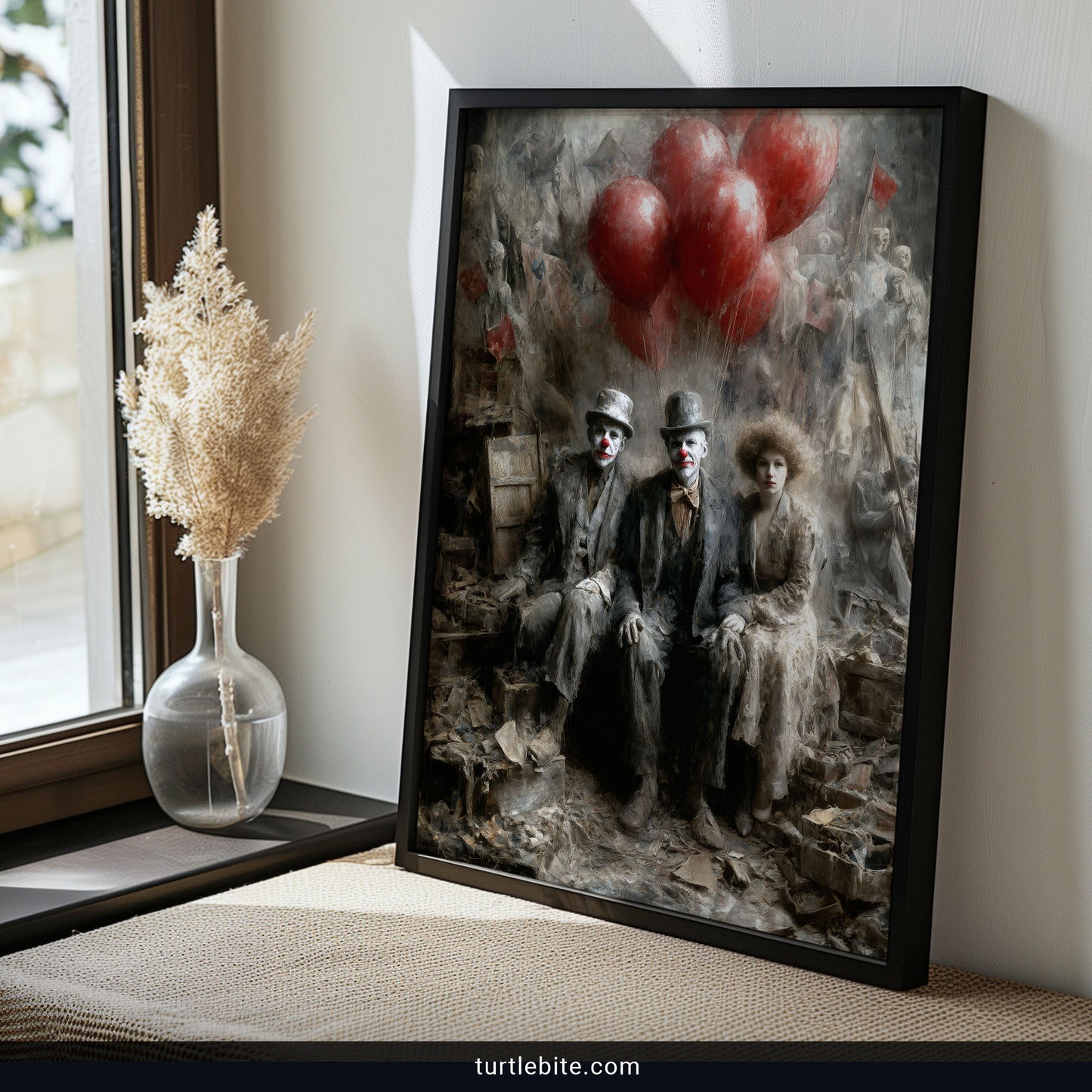 Creepy clown wall decor print with vintage aesthetic red balloons and dystopian horror theme