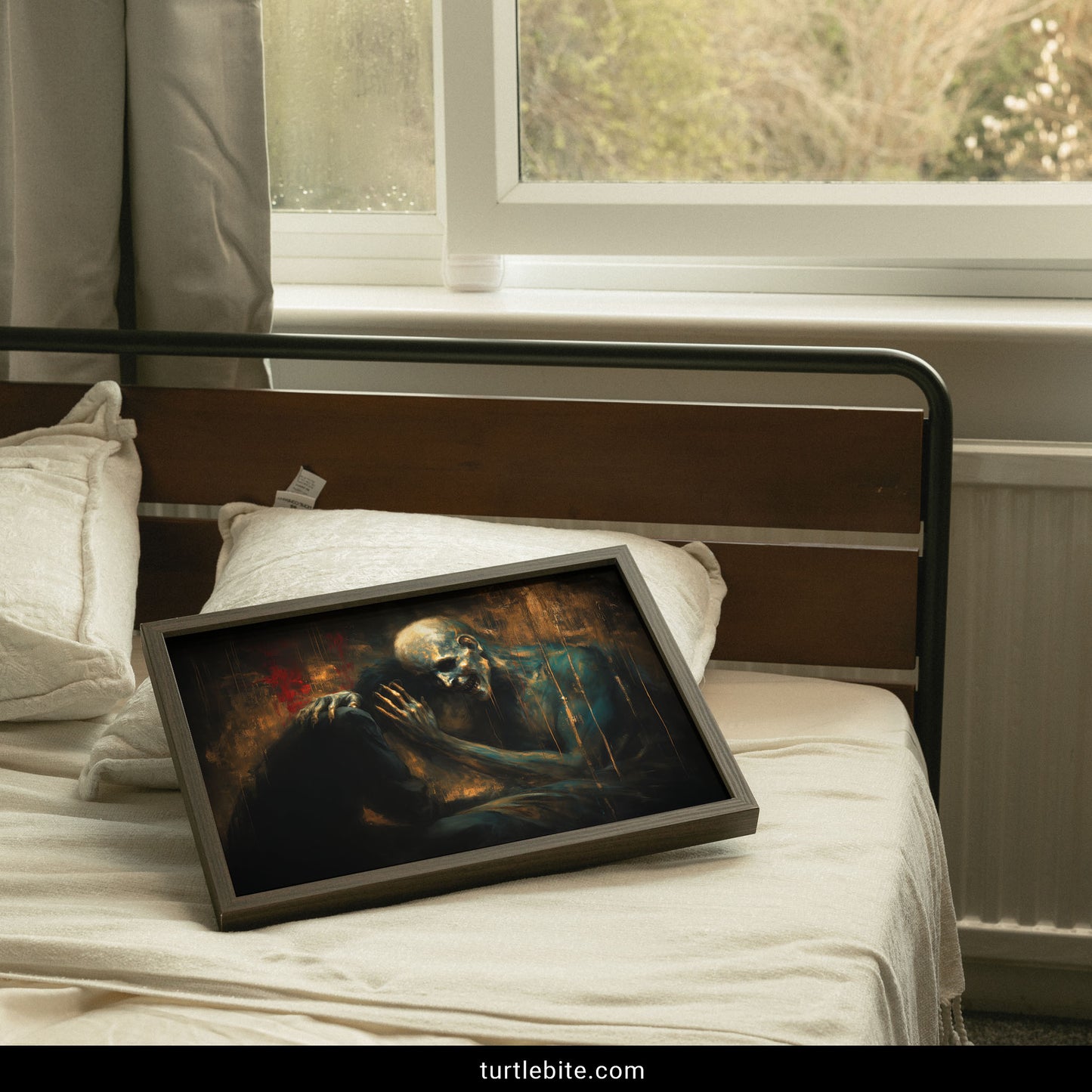 Dark psychology art print depicting dishonest solace theme with skeletal figure and emotional kneeling person in amber lighting