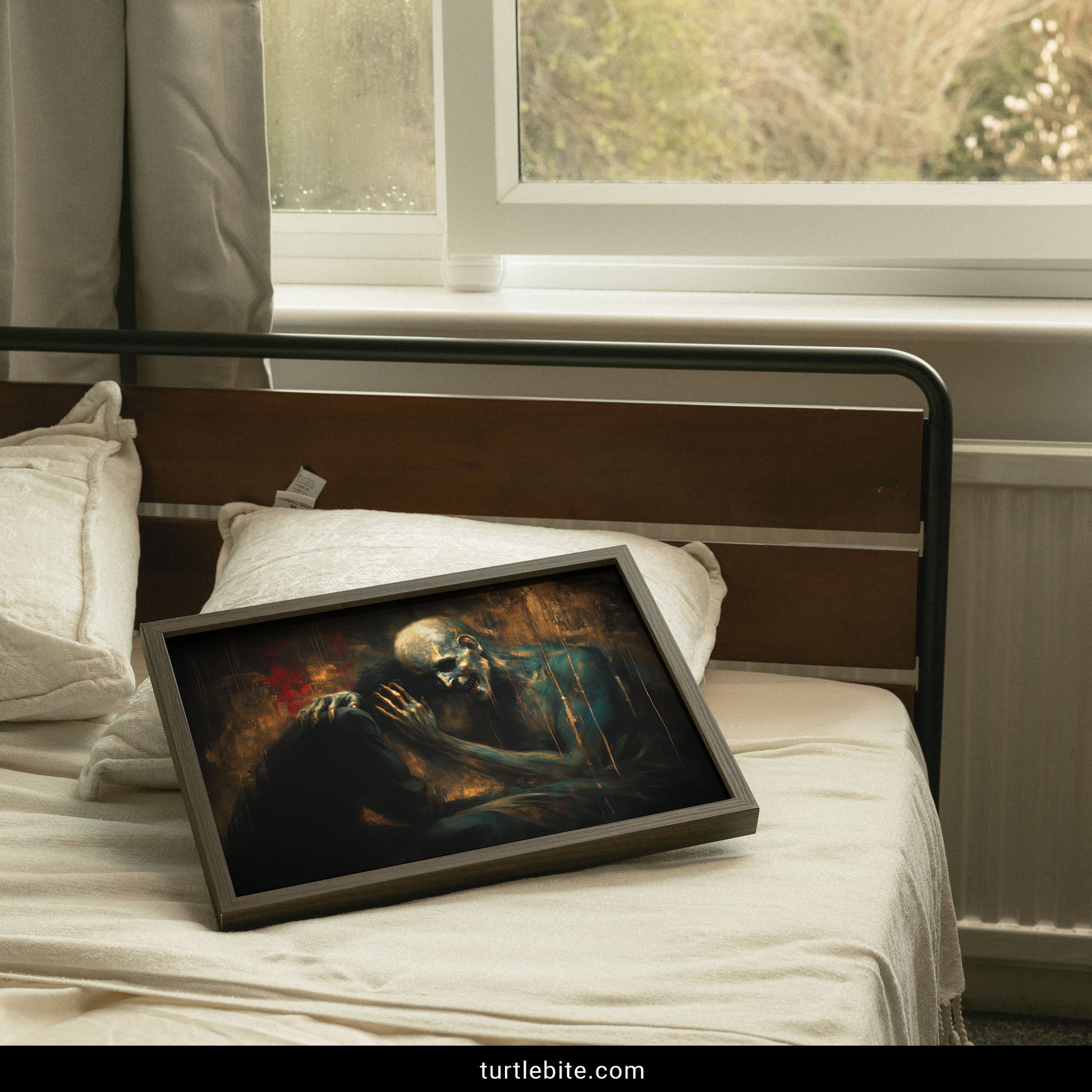 Dark psychology art print depicting dishonest solace theme with skeletal figure and emotional kneeling person in amber lighting