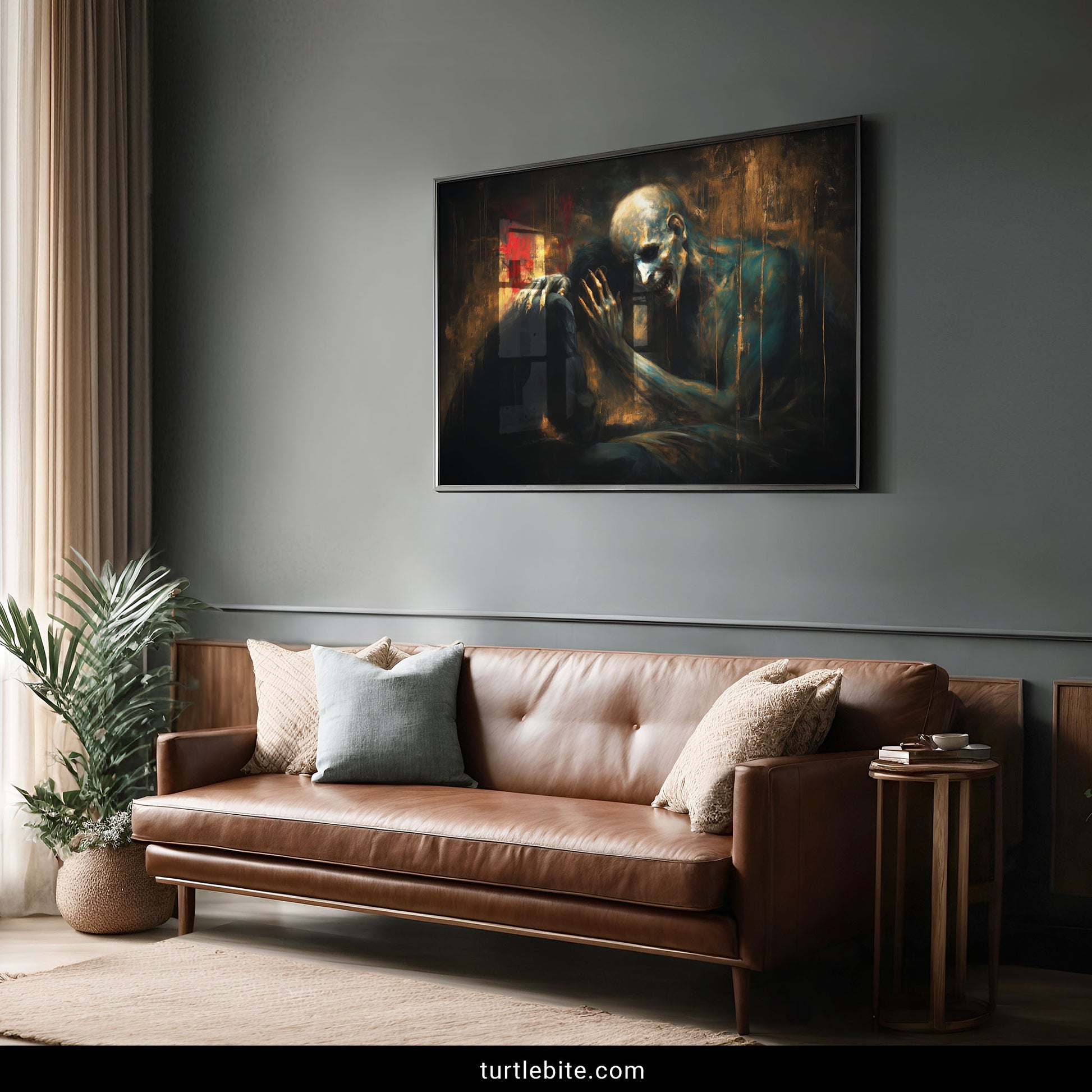 Existential gothic poster with skull and human figure in somber painting with dripping paint effects and moody colors