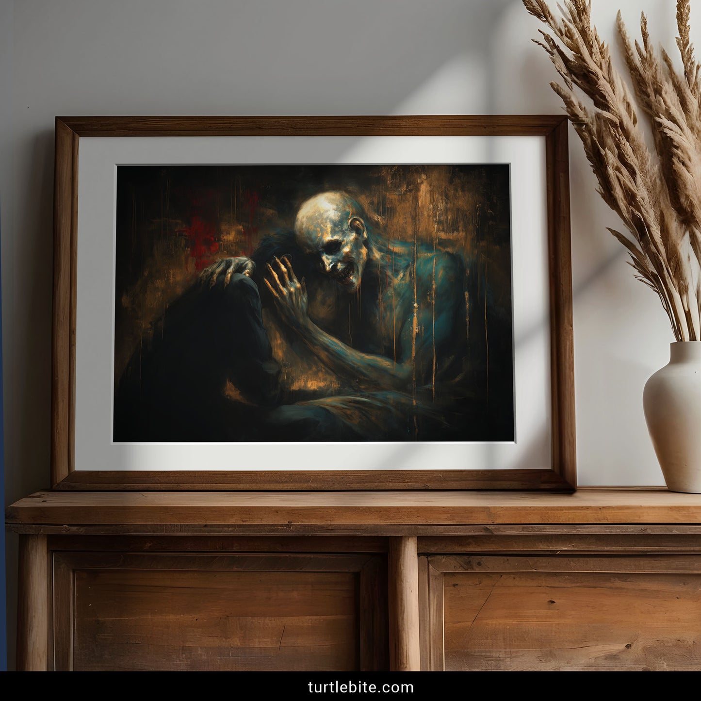 Melancholic skull art for Gothic home decor featuring dramatic composition with turquoise shadows and golden highlights