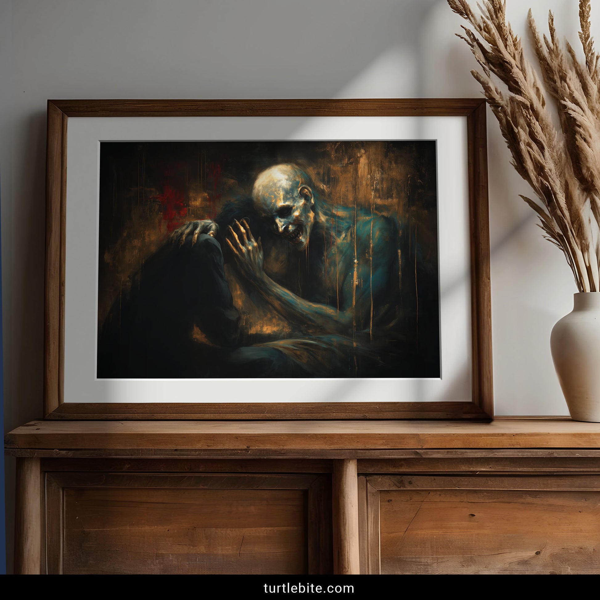 Melancholic skull art for Gothic home decor featuring dramatic composition with turquoise shadows and golden highlights
