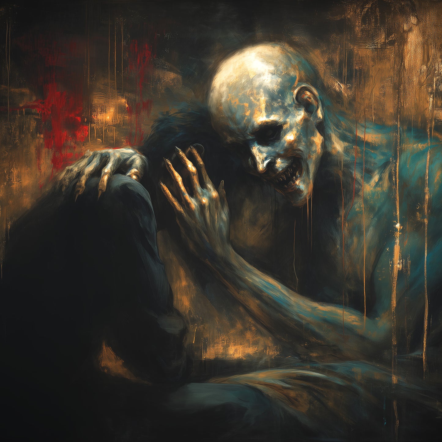 Haunting macabre wall art showing emotional scene of figure seeking comfort from skull in melancholic dark artwork