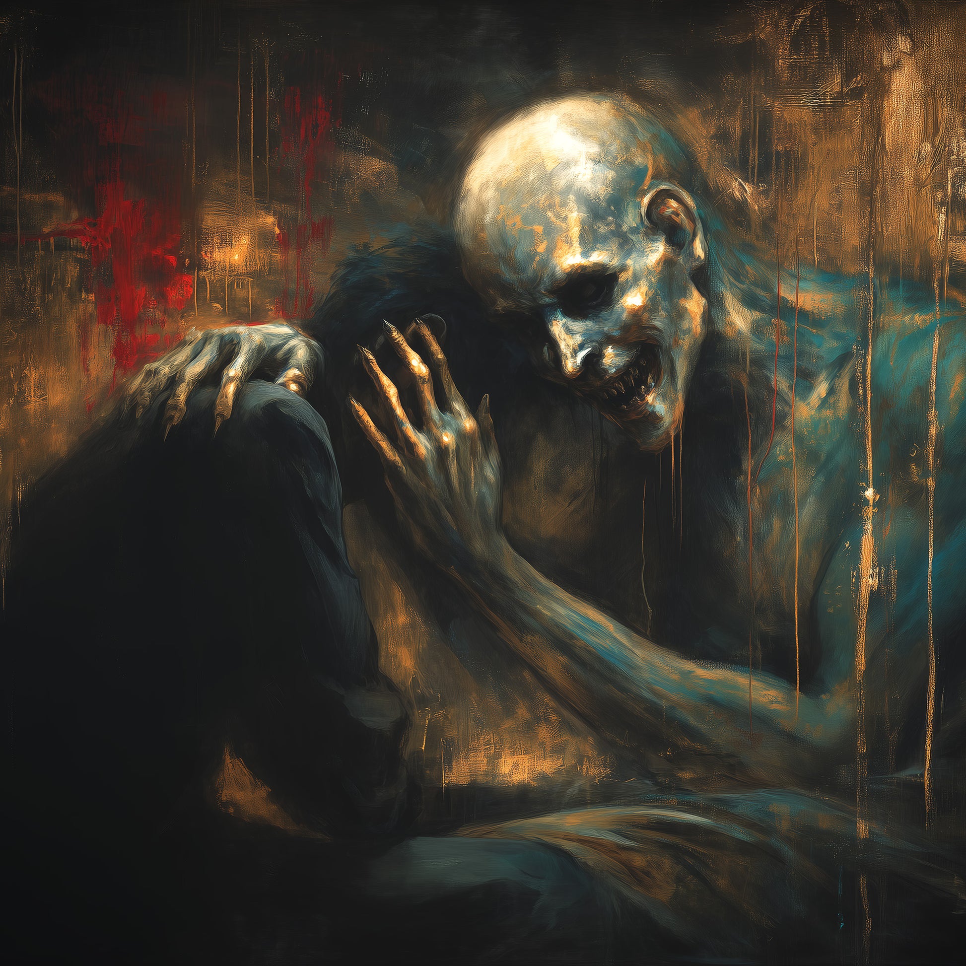Haunting macabre wall art showing emotional scene of figure seeking comfort from skull in melancholic dark artwork
