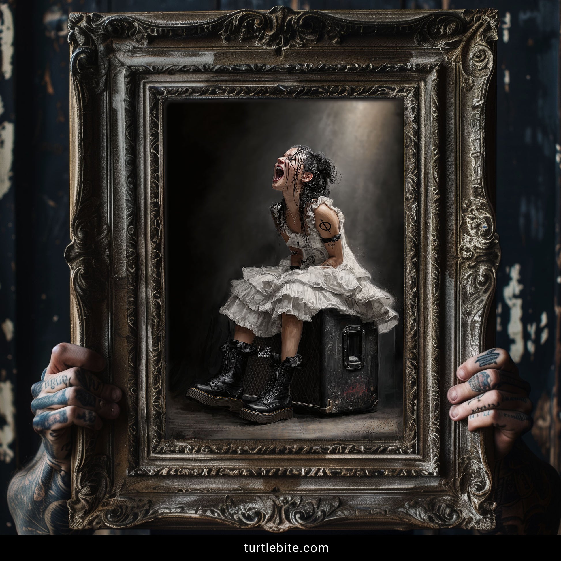 Gothic ballet poster showing tattooed ballerina in dramatic pose with moody smoke background for alternative wall decor
