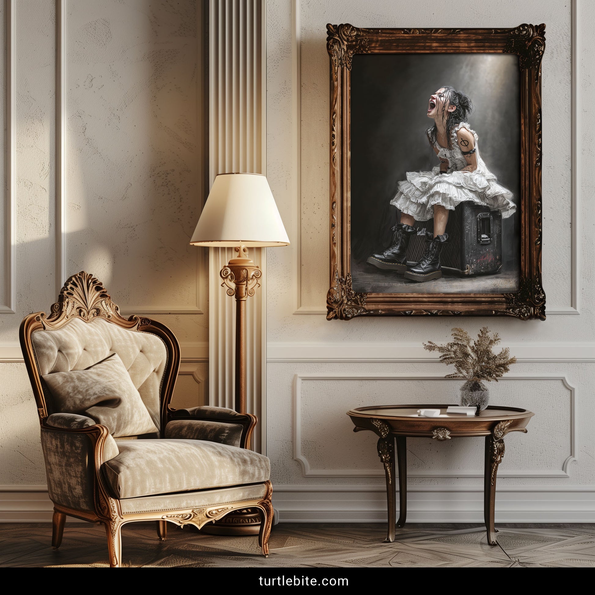 Moody portrait art showing punk rock ballerina with tattoos in white dress creating dramatic dark academia wall art