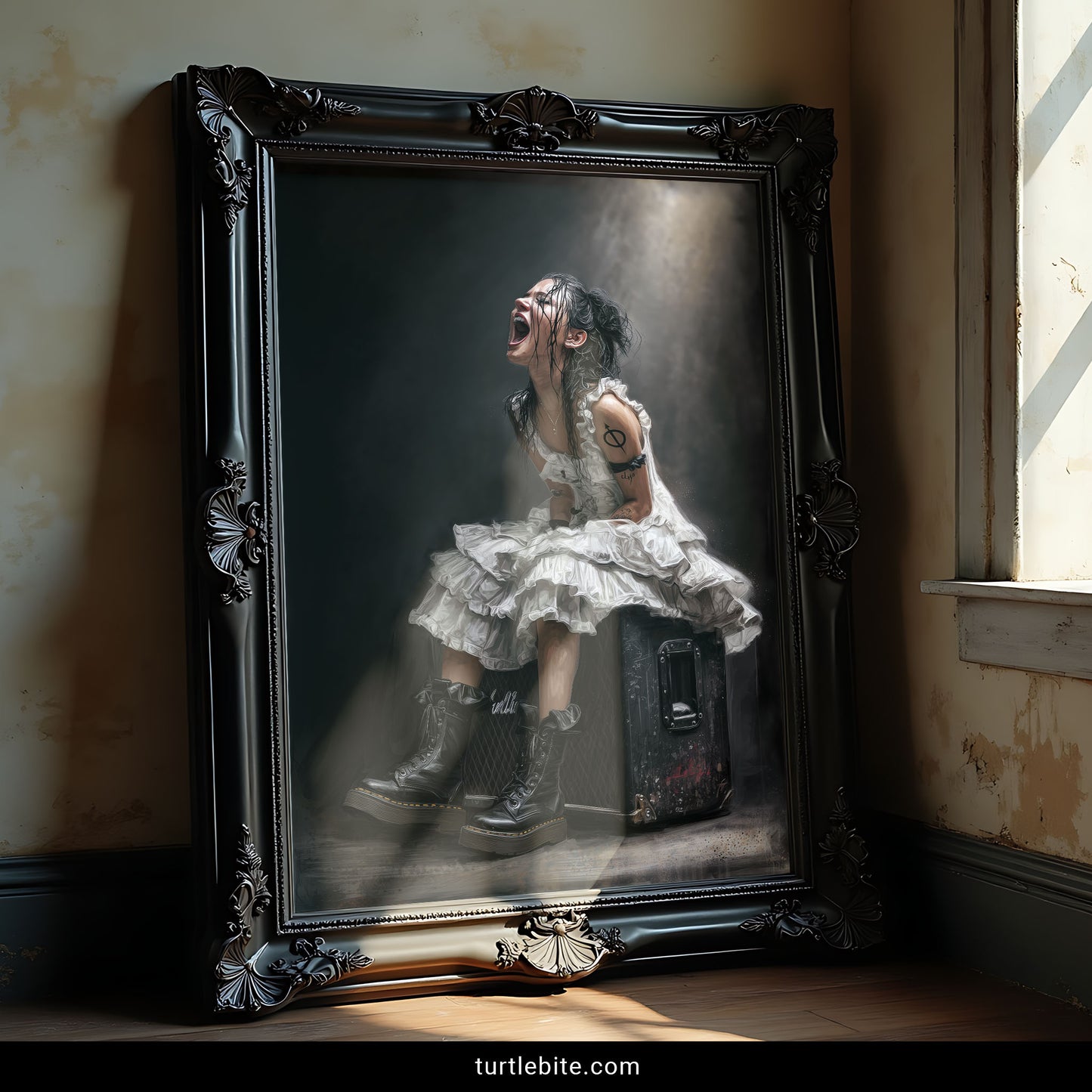 Punk girl wall art depicting fierce ballerina with edgy style wearing Doc Martens and ruffled dress in dark atmospheric setting