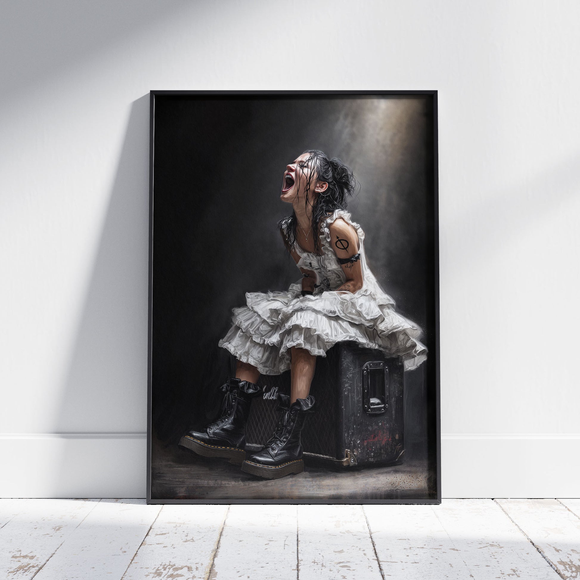 Dark feminine emotional art print featuring punk rebel girl in white tulle dress with combat boots screaming on vintage trunk